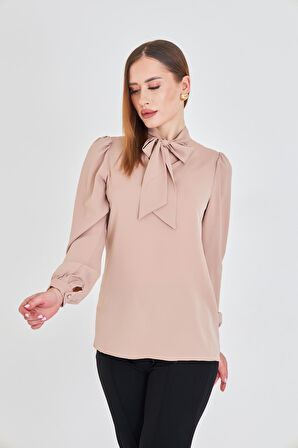 Büzgü Kol Fularlı Gömlek Vizon