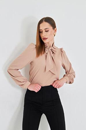 Büzgü Kol Fularlı Gömlek Vizon