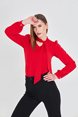 Büzgü Kol Fularlı Gömlek Kırmızı