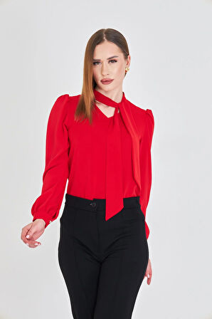 Büzgü Kol Fularlı Gömlek Kırmızı