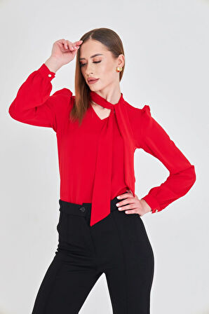 Büzgü Kol Fularlı Gömlek Kırmızı
