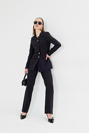 Gold Düğmeli Kare Yaka Takım Siyah