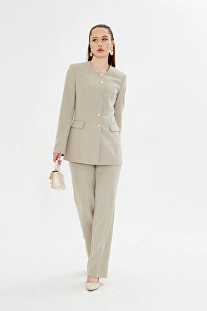 Gold Düğmeli Kare Yaka Takım Açık Haki