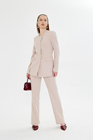 Gold Düğmeli Kare Yaka Takım Bej