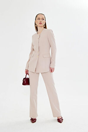 Gold Düğmeli Kare Yaka Takım Bej