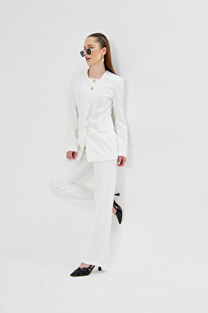 Gold Düğmeli Kare Yaka Takım Ekru