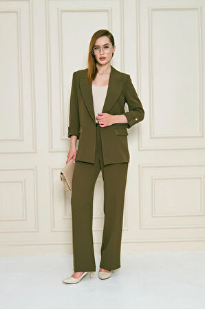 Kısa Kol Nikel Düğmeli Krep Takım Haki