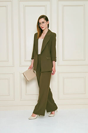 Kısa Kol Nikel Düğmeli Krep Takım Haki