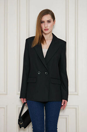 2 Düğmeli Kruvaze Poliviskon Ceket Siyah