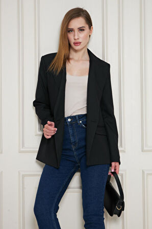 2 Düğmeli Kruvaze Poliviskon Ceket Siyah