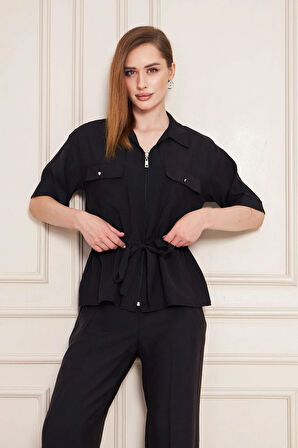 Fermuarlı Cep Detay Modal İkili Takım Siyah