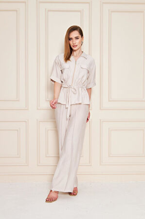 Fermuarlı Cep Detay Modal İkili Takım Bej