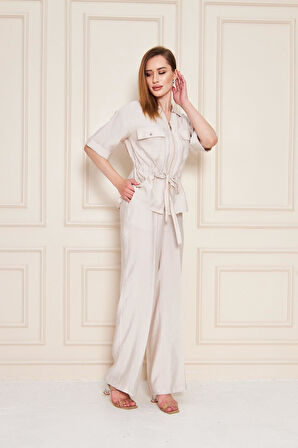 Fermuarlı Cep Detay Modal İkili Takım Bej