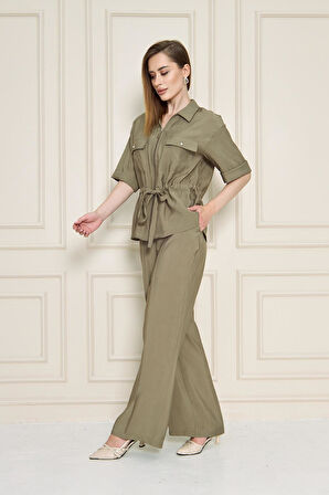 Fermuarlı Cep Detay Modal İkili Takım Haki