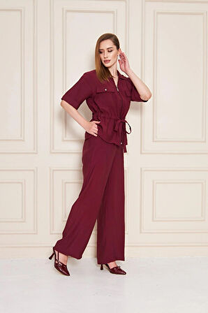 Fermuarlı Cep Detay Modal İkili Takım Bordo