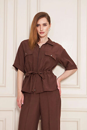 Fermuarlı Cep Detay Modal İkili Takım Kahve