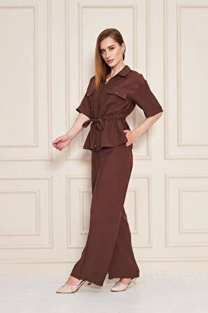 Fermuarlı Cep Detay Modal İkili Takım Kahve