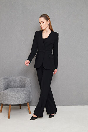 Kemerli V Yaka Takım Siyah 