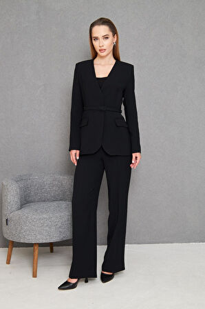 Kemerli V Yaka Takım Siyah 