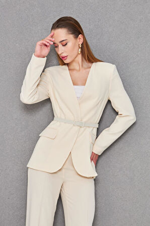 Kemerli V Yaka Takım Bej