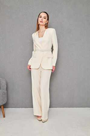 Kemerli V Yaka Takım Bej