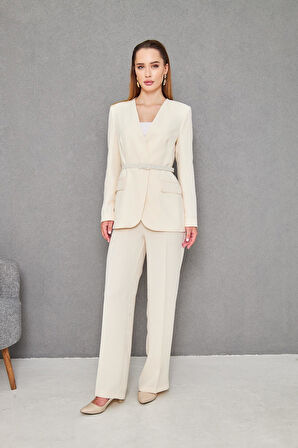 Kemerli V Yaka Takım Bej