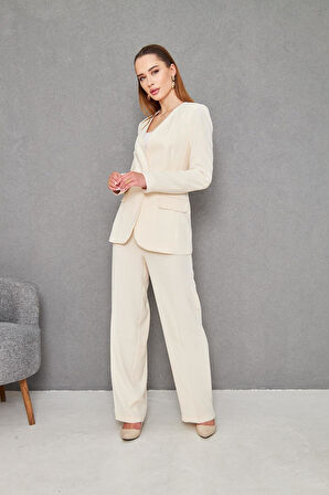 Kemerli V Yaka Takım Bej