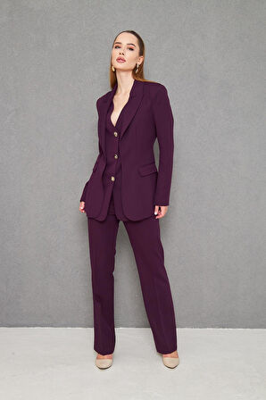 Yelek Görünümlü 3 Gold Düğme Takım Mürdüm