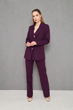 Yelek Görünümlü 3 Gold Düğme Takım Mürdüm