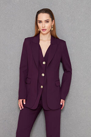 Yelek Görünümlü 3 Gold Düğme Takım Mürdüm