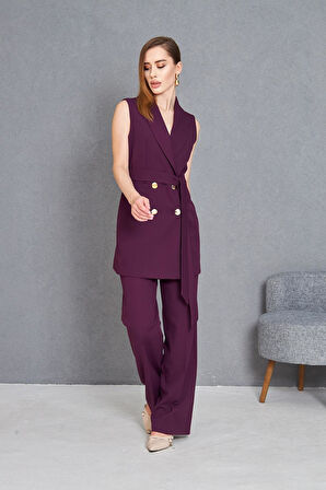 Gold Düğme Kuşaklı Yelek Takım Mürdüm