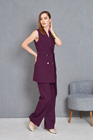 Gold Düğme Kuşaklı Yelek Takım Mürdüm