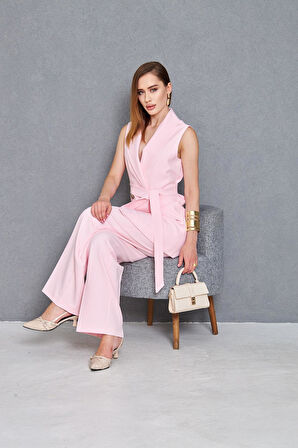 Gold Düğme Kuşaklı Yelek Takım Pudra