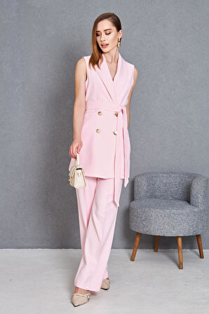 Gold Düğme Kuşaklı Yelek Takım Pudra