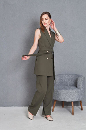 Gold Düğme Kuşaklı Yelek Takım Haki