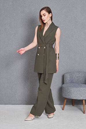 Gold Düğme Kuşaklı Yelek Takım Haki