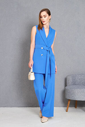 Gold Düğme Kuşaklı Yelek Takım İndigo
