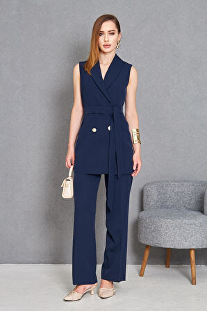 Gold Düğme Kuşaklı Yelek Takım Lacivert