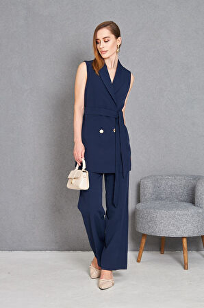 Gold Düğme Kuşaklı Yelek Takım Lacivert