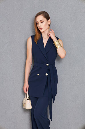 Gold Düğme Kuşaklı Yelek Takım Lacivert