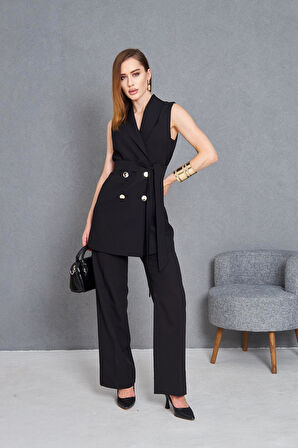 Gold Düğme Kuşaklı Yelek Takım Siyah