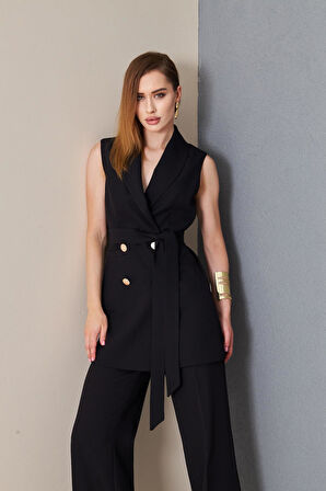 Gold Düğme Kuşaklı Yelek Takım Siyah