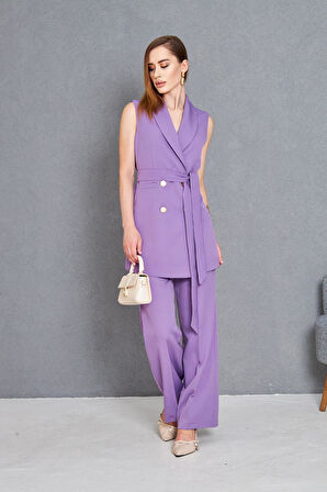 Gold Düğme Kuşaklı Yelek Takım Lila