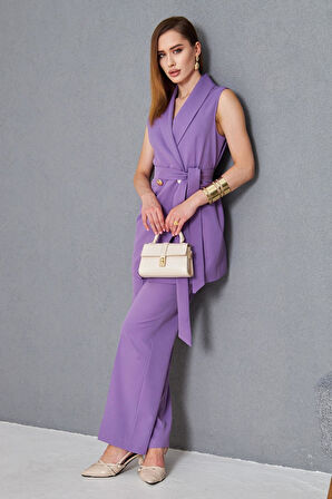 Gold Düğme Kuşaklı Yelek Takım Lila