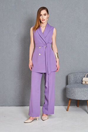 Gold Düğme Kuşaklı Yelek Takım Lila