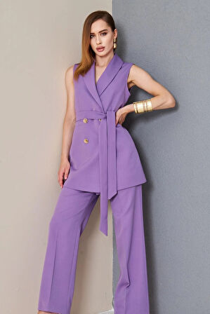 Gold Düğme Kuşaklı Yelek Takım Lila