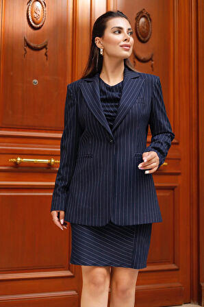 Çizgili Poliviskon Elbise-Ceket Takım Lacivert