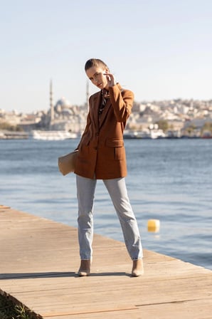 Torba Cepli İki Düğmeli Yünefekt Ceket Kahve