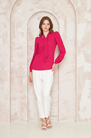 Büzgü Kol Fularlı Gömlek Fuşya