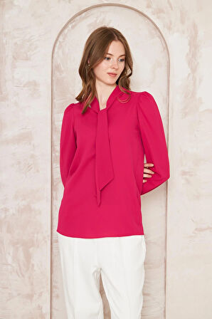 Büzgü Kol Fularlı Gömlek Fuşya